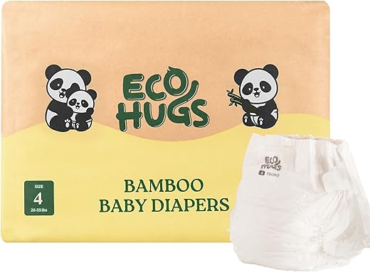 Fraldas Descartáveis EcoHugs Tamanho 4 de Bambu | Macias e Hipoalergênicas | Super Absorventes | Sem Perfume e Livres de Cloro | Pacote com 24 unidades