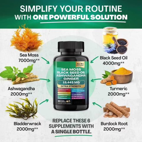 Generic - Óleo de Semente de Cominho Preto, Ashwagandha, Gengibre, Cúrcuma, Alga Marinha, Bardana, Vitamina D3, Vitamina C, ACV, Clorofila, Manuka, Sabugueiro, Dente-de-leão – 60 Cápsulas