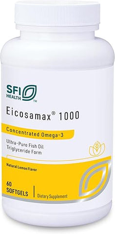 Eicosamax 1000 TG Fish Oil – Ômega-3 Puro de Peixe – 1000 mg EPA/DHA por Cápsula – Sabor Natural de Limão – Sem Arrotos de Peixe (60 cápsulas) - Klaire Labs