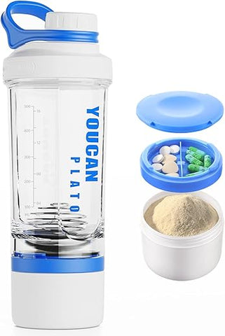 youcanplato - Garrafa de Proteína 600ml com Compartimento para Pó – Shaker para Shake de Proteína – Garrafa Pré-Treino – Mixer para Academia – Garrafa Esportiva – Feita com Tritan Livre de BPA, com Fio