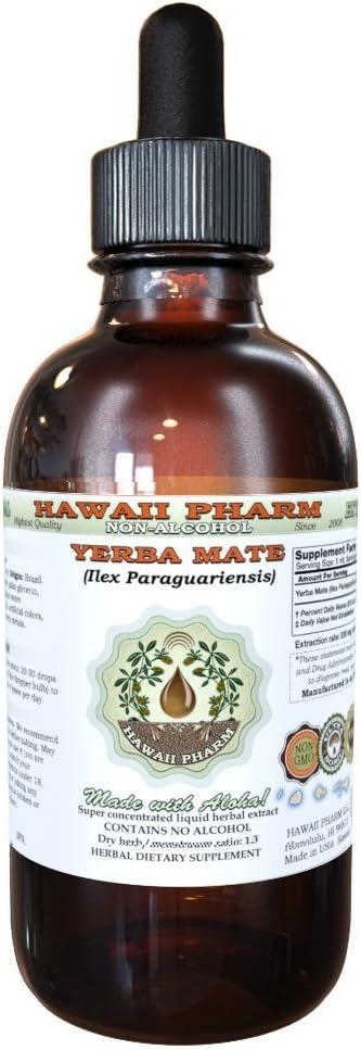 Yerba Mate Extrato Líquido Sem Álcool, Yerba Mate Orgânica (Ilex Paraguariensis) Folha Seca Glicerito Suplemento Herbal Natural, Hawaii Pharm, EUA 120 ml
