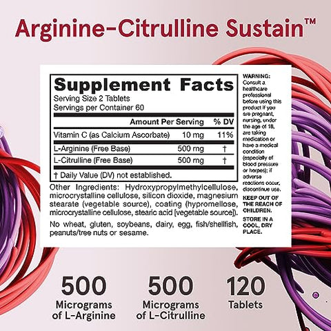 Arginine-Citrulline Sustain: Suplemento Alimentar para Suporte Vascular e Produção de Óxido Nítrico, Saúde Cardiovascular, 120 Comprimidos, Fornecimento de 60 Dias - Jarrow Formulas