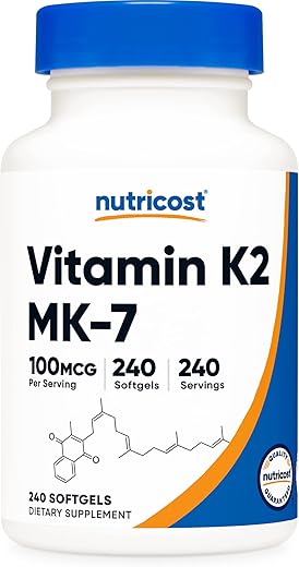 Vitamina K2 MK-7 100 mcg, 240 Softgels – Livre de Glúten e Não-OGM MK7 - Nutricost