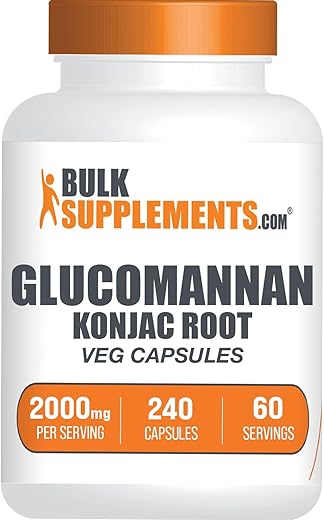 Glucomannan Capsules BulkSupplements.com – Extrato de Raiz de Konjac, Suplementos de Fibra Solúvel, Cápsulas de Raiz de Konjac – 2000mg de Raiz de Konjac – Vegano, 4 Cápsulas por Porção, 240 Veg