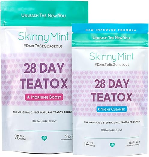 Kit Detox SkinnyMint Original 28 Dias – Programa TeaTox Definitivo – Chá Detox Natural Morning Boost e Night Cleanse – Ajuda a Reduzir Inchaço e Aumentar Energia