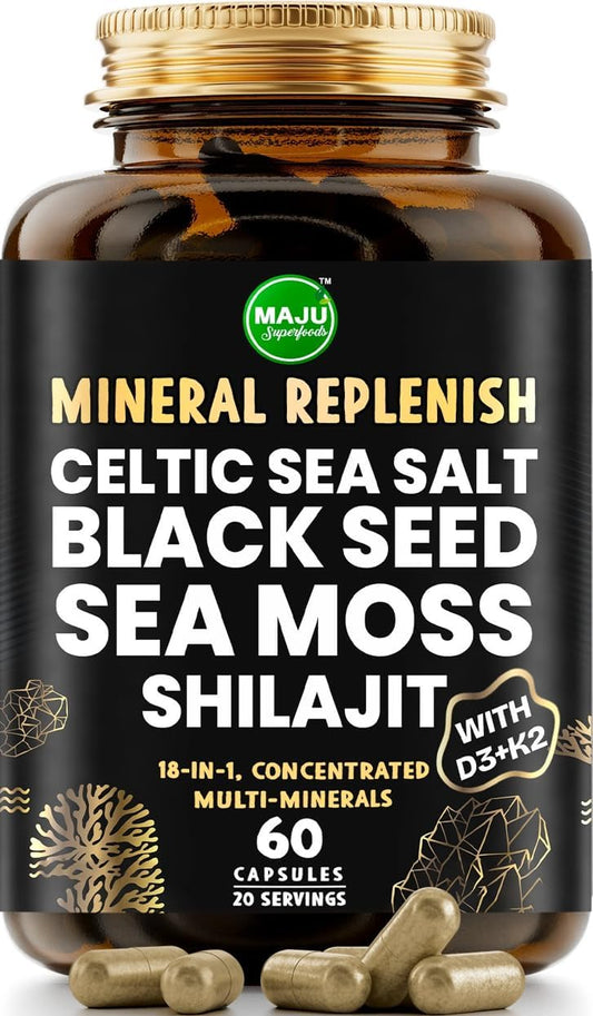 Maju Superfoods - MAJU 18-em-1 Semente Preta, Shilajit, Musgo do Mar, Sal Marinho Celta D3 – 100% Natural e Potente