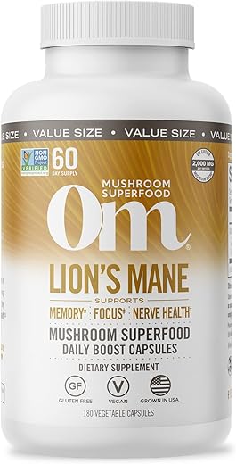 Mushroom Superfood – Cápsulas de Cogumelo do Leão, 180 Unidades, 60 Dias, Suplemento para Memória, Foco, Clareza e Saúde Nervosa - OM