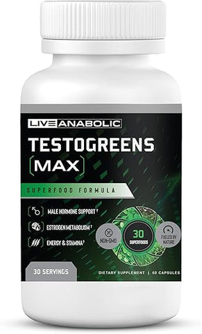 TestoGreens Max: Suplemento Diário de Cápsulas Verdes para Homens, Suporte Natural aos Hormônios Masculinos, Energia Aprimorada - Live Anabolic