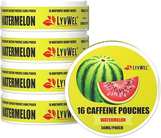 LyvWel - 5-Pack Pouches Boost de Café sem Nicotina e sem Tabaco: 16 por Lata, 56mg de Cafeína, Sabor Melancia | Marca: Coffee Pouches