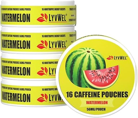 LyvWel - 5-Pack Pouches Boost de Café sem Nicotina e sem Tabaco: 16 por Lata, 56mg de Cafeína, Sabor Melancia | Marca: Coffee Pouches