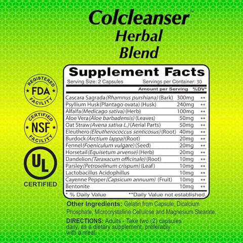 Colcleanser – Suplemento Natural para Limpeza do Cólon – Fibra – Suporte Detox – 60 Cápsulas - ALFA VITAMINS