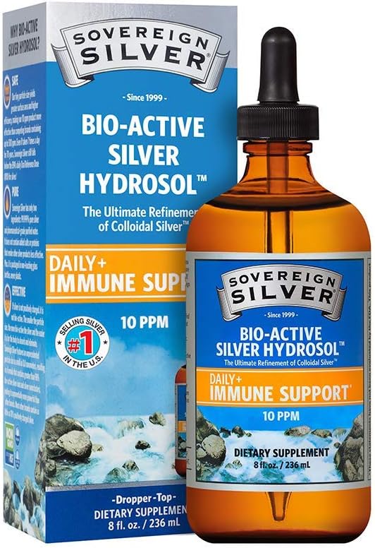 Hydrosol Bio-Ativo para Suporte Imunológico – Prata Coloidal Líquida – 10 ppm, 236mL – Conta-gotas - Sovereign Silver