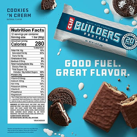 CLIF BUILDER'S - CLIF Builders – Barra de Proteína à Base de Plantas Sabor Cookies ‘n Cream – Sem Glúten – Não-OGM – Baixo Índice Glicêmico – 20g de Proteína – 68g (12 Unidades)
