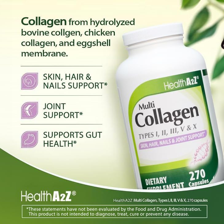 Multi Colágeno em Cápsulas | 1735 mg | 270 Cápsulas de Colágeno | Tipos I, II, III, V | Marca HealthA2Z - HealthA2Z