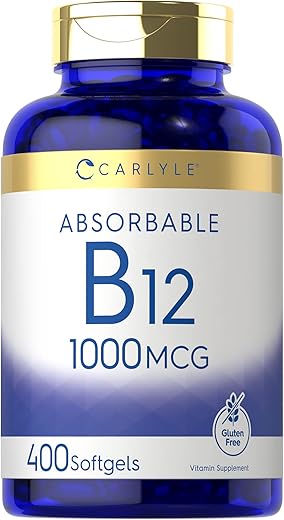 Vitamina B12 Absorvível 1000mcg | 400 Softgels | Sem OGM e Livre de Glúten | Marca Carlyle - Carlyle
