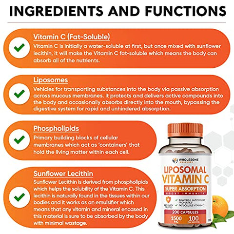 Wholesome Wellness - VIT C Liposomal 1500mg (200 Cápsulas) Alta Absorção – Sistema Imunológico