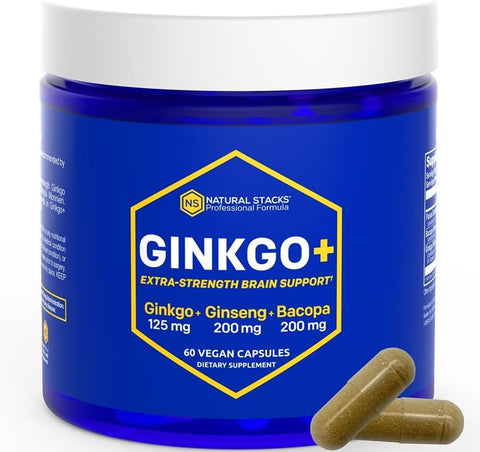 Suplemento de Ginkgo Biloba com Panax Ginseng e Bacopa Monnieri – Foco e Desempenho Mental – Cápsulas de Ginkgo Biloba para Adultos – 60 Cápsulas - NATURAL STACKS
