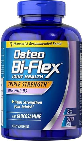 Triple Strength Glucosamina 1500 mg, MSM 1500 mg com Vitamina D3 1000 UI Comprimidos, 200 Unidades (Embalagem de 1) - Osteo Bi-Flex