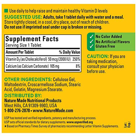 Nature Made - Vitamina D3 Mega Size, 400 Comprimidos – 2000 UI (50 mcg) – Fortalece a Imunidade, Ossos e Dentes