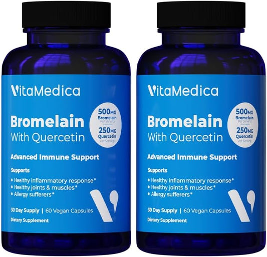 Bromelain com Quercetina | Suplemento 2400 GDU/g | 500 mg para Suporte Imunológico e Digestivo, Articulações, Recuperação Muscular e Saúde Óssea | 60 Cápsulas - VitaMedica