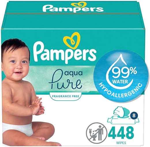 Aqua Pure Lenços Umedecidos para Bebês Sensíveis, 99% Água, Hipoalergênico, Sem Perfume, 8 Pacotes Flip-Top (448 Lenços no Total) (Embalagem Pode Variar) - Pampers