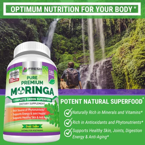 Moringa Oleifera 180 Cápsulas – Pó de Folha 100% Puro – Suprimento de 3 Meses – Não Transgênico e Sem Glúten – Suplemento Completo de Superfood Verde – Energia, Metabolismo e - FRESH HEALTHCARE