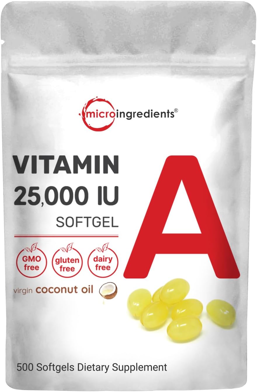 Vitamina A 25000 UI | 500 Softgels com Óleo de Coco para Melhor Absorção | Vitaminas Essenciais para Visão, Crescimento | Marca Micro Ingredients - Micro Ingredients
