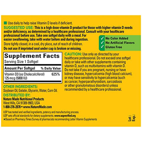 Vitamina D3 Extra Forte 5000 UI (125 mcg), Suplemento para Saúde Óssea, Dental, Muscular e Imunológica, 360 Softgels, Fornecimento de 360 Dias - Nature Made