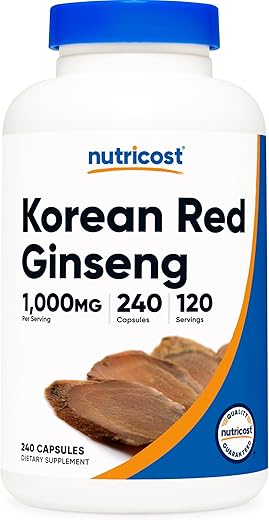 Ginseng Coreano 1000mg, 240 Cápsulas – Tamanho de Porção Potente de 1000mg, 500mg por Cápsula – Ginseng Vermelho Coreano – Livre de Glúten - Nutricost