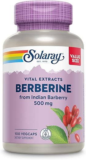 Berberine 500mg – Suplemento de Berberina para um Estilo de Vida Ativo e Saudável – Com Berberina HCl e Raiz de Uva-do-Oregon – Vegano, Garantia de Reembolso de 60 Dias, Verificado em Laboratório - SOLARAY
