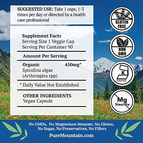 Pure Mountain Botanicals - Cápsulas Veganas Kosher de Spirulina em Pó Orgânico – 90 cápsulas – Suplemento Natural Superfood da