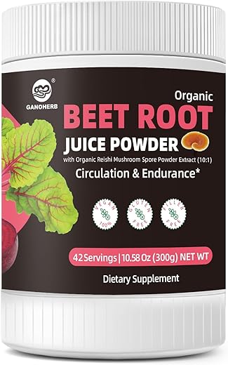 GANOHERB - Pó de Beterraba 7000mg, Concentrado Orgânico de Suco de Beterraba em Pó com Cogumelo Reishi, Suplemento Superfood de Bebida de Beterraba para Circulação e Resistência, Vegano, Sem Açúcar