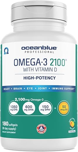 Professional Omega-3 2100 – 180 ct – Óleo de Peixe Triplo Forte sem Sabor de Peixe com Alta Potência de EPA, DHA, DPA e Vitamina D3 – Capturado na Natureza – Sabor Baunilha (90…) - Oceanblue