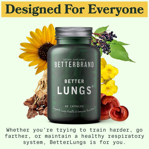 Suplemento diário para saúde respiratória Betterbrand BetterLungs | com Folha de Verbascum, Sabugueiro, Vitamina D, Ginseng e Cogumelo Reishi | Saúde Pulmonar, Alergia, Sinusite e Muco | 60 cápsulas de 500 mg