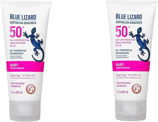 Protetor Solar Mineral para Bebês BLUE LIZARD com Óxido de Zinco, FPS 50, Resistente à Água, Proteção UVA/UVB com Tecnologia de Tampa Inteligente – Sem Fragrância, Tubo de 3 ml (Pacote com 2)