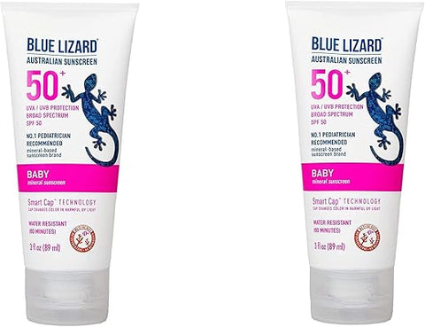 Protetor Solar Mineral para Bebês BLUE LIZARD com Óxido de Zinco, FPS 50, Resistente à Água, Proteção UVA/UVB com Tecnologia de Tampa Inteligente – Sem Fragrância, Tubo de 3 ml (Pacote com 2)