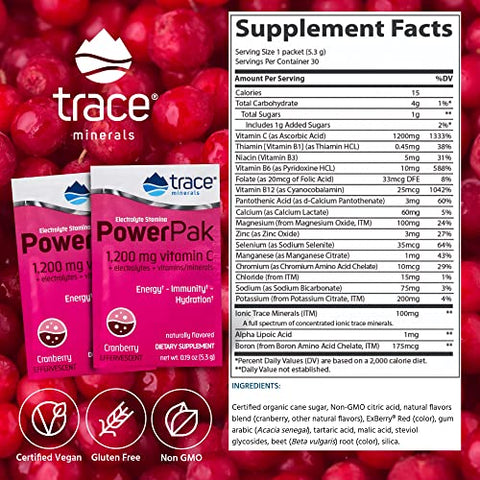 Power Pak Pacotes de Pó Eletrolítico | 1200 mg Vitamina C, Zinco, Magnésio | Reforça a Imunidade, Hidratação e Energia Natural | Cranberry | 30 Pacotes - Trace Minerals