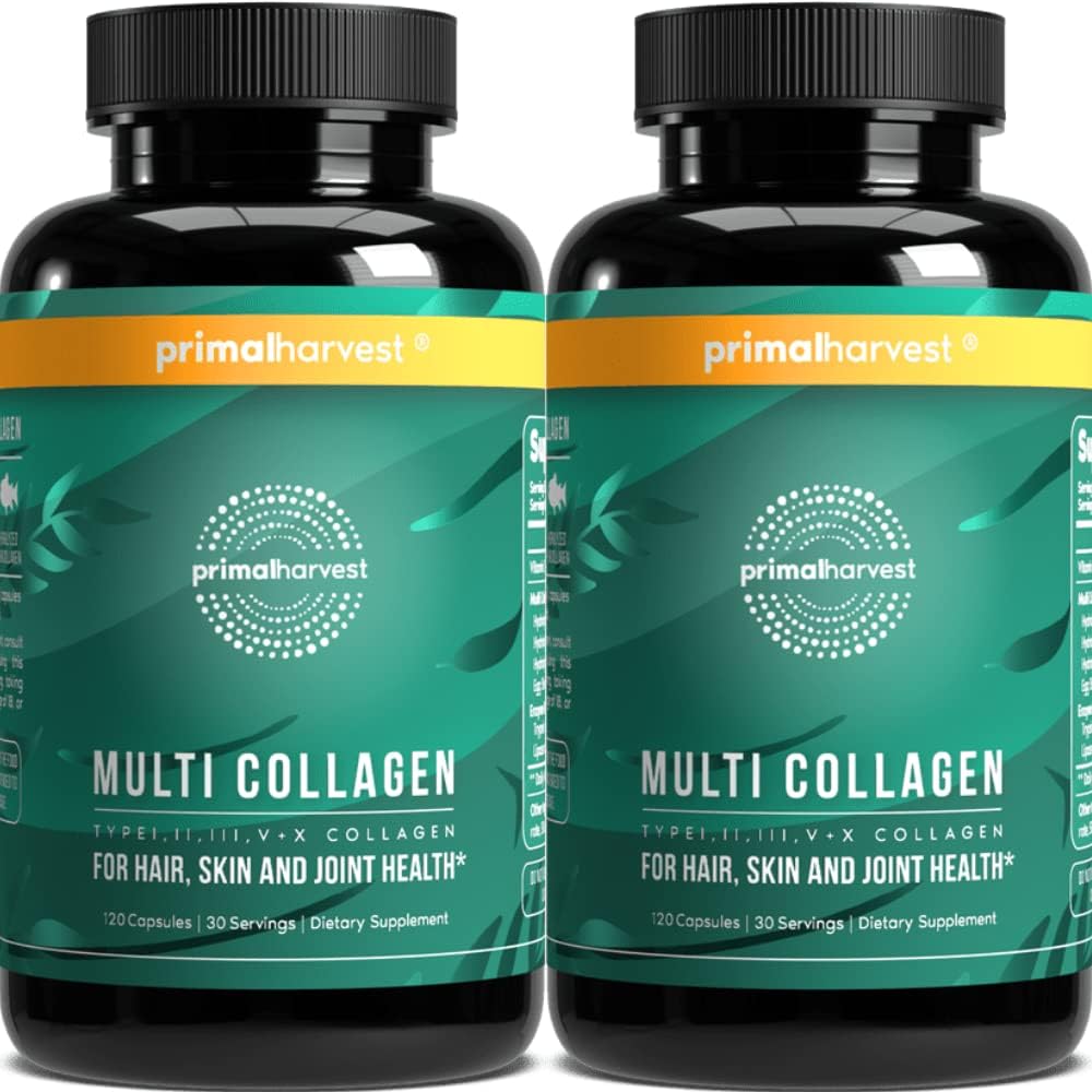 2 Pack – Colágeno Multi Tipo I, II, III, V, X – 120 Cápsulas com Vitamina C para Cabelo, Pele, Unhas – Mulheres e Homens - Primal Harvest