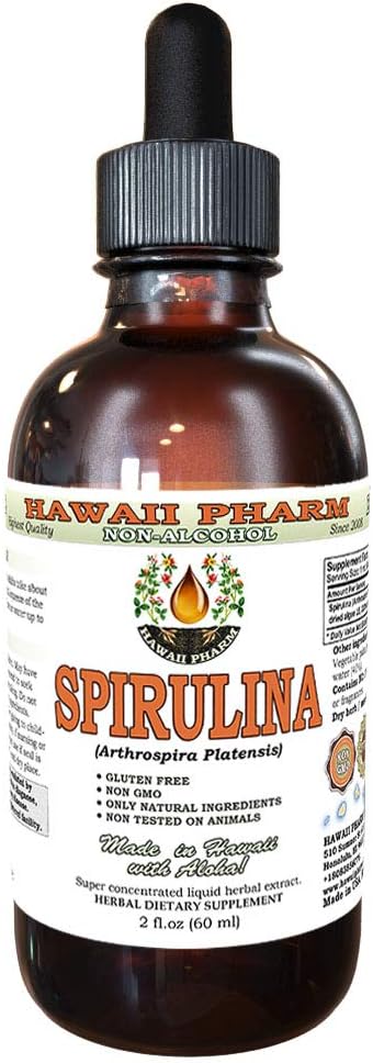 Extrato Líquido de Spirulina Sem Álcool, Spirulina Orgânica (Arthrospira platensis) Alga Seca Glicerina Herbal Natural, EUA 60 ml - Hawaii Pharm
