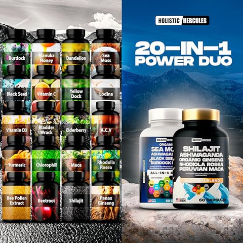 Holistic Hercules - Combo Clássico – Sea Moss 3000mg, Black Seed 2000mg, Ashwagandha 1000mg, Shilajit 5000mg, Panax Ginseng 1500mg, Maca Peruana 2000mg, Pack de Suplementos All in 1