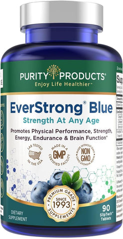 Purity Products - PurityBlue EverStrong Blue – Fortalecimento Muscular e Estimulante Cerebral com Matriz de Creatina Monohidratada, Complexo de Mirtilo Orgânico PurityBlue, 1000 UI de Vitamina