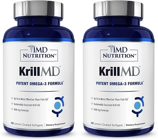 KrillMD – Óleo de Krill Antártico Omega 3 com Astaxantina, EPA, DHA | 2X Mais Eficaz que Óleo de Peixe | 60 Softgels (2-Pack) - 1MD Nutrition
