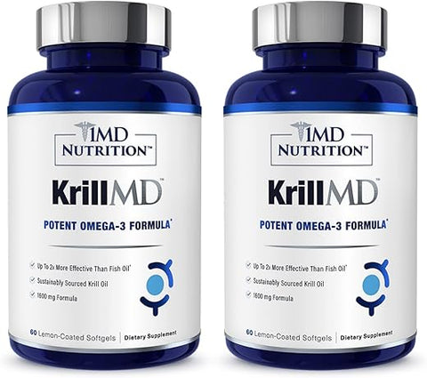 KrillMD – Óleo de Krill Antártico Omega 3 com Astaxantina, EPA, DHA | 2X Mais Eficaz que Óleo de Peixe | 60 Softgels (2-Pack) - 1MD Nutrition