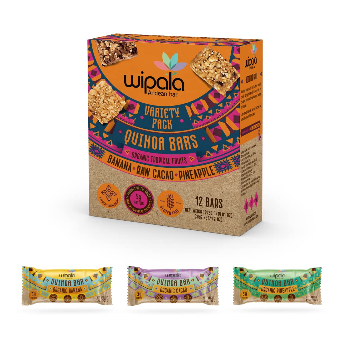 Everglobe - Wipala Barras de Proteína – Variedade: Feitas com Quinoa e Lupino Andino, Vegano, Sem Nozes, Sem Glúten, Não-OGM, 12 Unidades