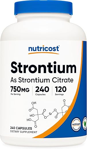 Cápsulas de Estrôncio 750mg, 240 Cápsulas – Vegetariano, Não-OGM, Livre de Glúten - Nutricost