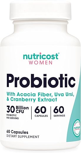 Probiótico para Mulheres 30 Bilhões UFC, 60 Cápsulas – Complexo com Fibra de Acácia, Uva Ursi | Nutricost Probiótico Mulheres 30 Bilhões UFC, 60 Cápsulas - Nutricost