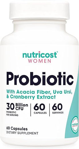 Probiótico para Mulheres 30 Bilhões UFC, 60 Cápsulas – Complexo com Fibra de Acácia, Uva Ursi | Nutricost Probiótico Mulheres 30 Bilhões UFC, 60 Cápsulas - Nutricost