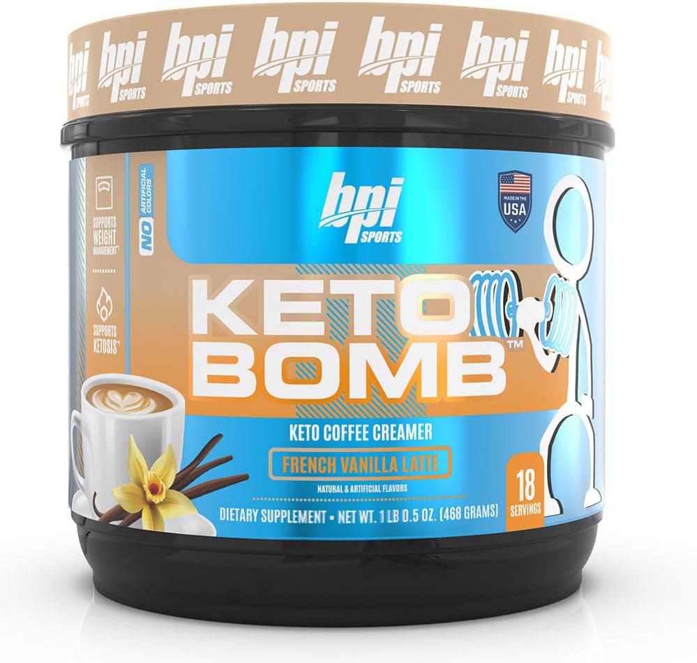 Keto Bomb – Energia, Hidratação e Perda de Gordura – MCT e Eletrólitos – Sem Açúcar com Cálcio – French Vanilla Latte, 18 Porções - BPI Sports