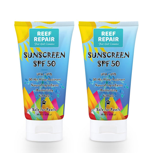 REEF REPAIR - Protetor Solar Reef Safe SPF 50 (2 Unidades) – Natural, Tamanho Viagem, Resistente à Água, Hidratante, Amplo Espectro UVA/UVB, Amigo dos Corais, Mineral Suncream da Reef Repair (2 x 50 ml)