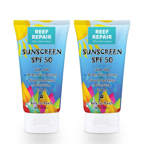 REEF REPAIR - Protetor Solar Reef Safe SPF 50 (2 Unidades) – Natural, Tamanho Viagem, Resistente à Água, Hidratante, Amplo Espectro UVA/UVB, Amigo dos Corais, Mineral Suncream da Reef Repair (2 x 50 ml)
